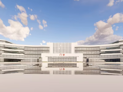 Modern Symmetric Public Building With White Facade And Water Reflection Under Blue Sky 3d model
