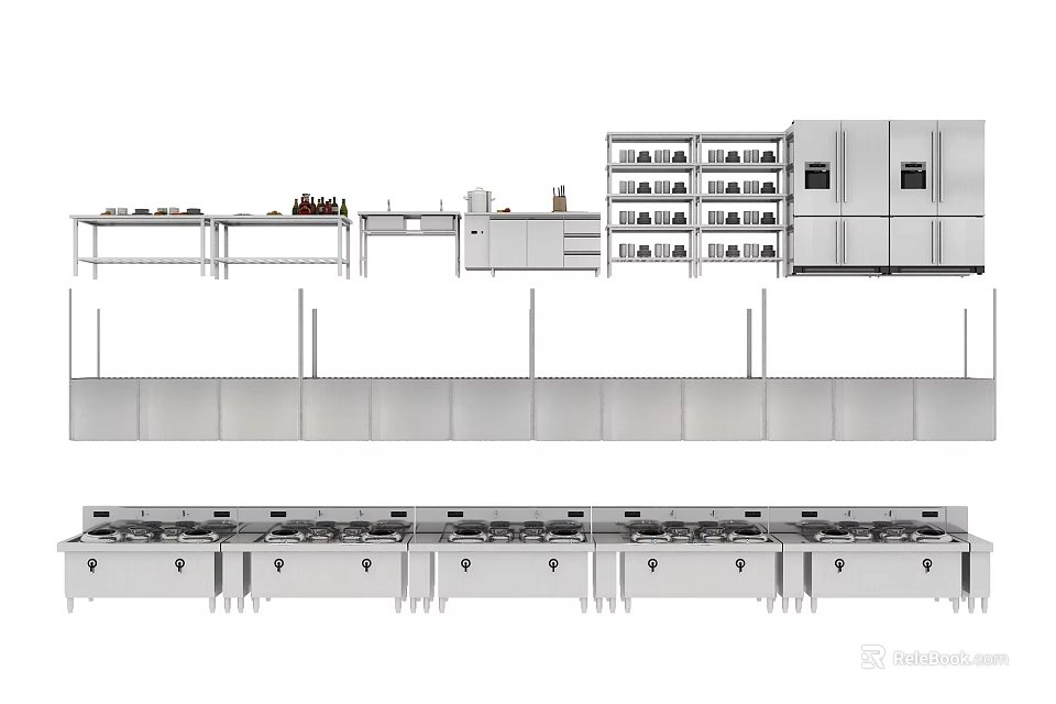 Commercial Kitchen Appliances Featuring Stainless Steel Worktables Storage Racks Cabinets And Refrigerators 3d model 