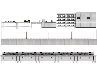 Commercial Kitchen Appliances Featuring Stainless Steel Worktables Storage Racks Cabinets And Refrigerators 3d model