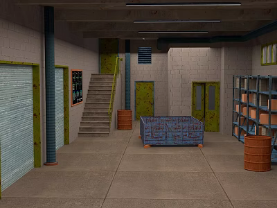 Industrial Warehouse Interior With Roll Up Door Staircase Barrels Shelving And Container 3d model