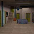 Industrial Warehouse Interior With Roll Up Door Staircase Barrels Shelving And Container