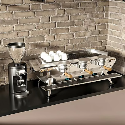 Cafe Bar Interior With Brick Wall Coffee Grinder Espresso Machine And White Cups 3d model