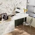 Elegant Vanity Dresser With Drawers Floral Wallpaper Mirror And Transparent Chair