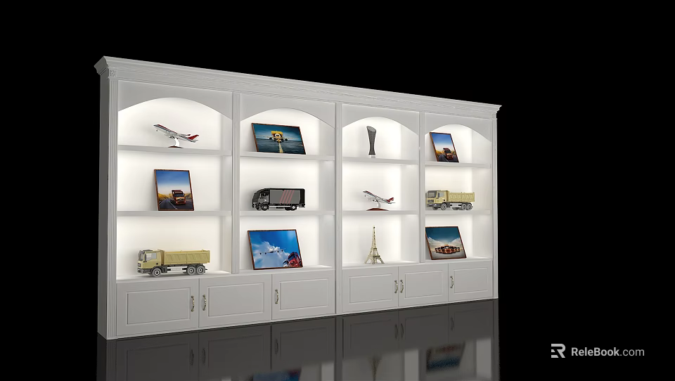 White Illuminated Display Shelf With Model Airplanes Trucks And Decorative 3d model 