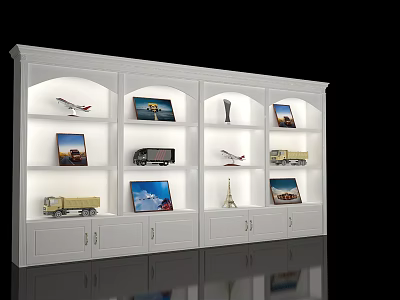White Illuminated Display Shelf With Model Airplanes Trucks And Decorative 3d model