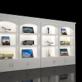 White Illuminated Display Shelf With Model Airplanes Trucks And Decorative