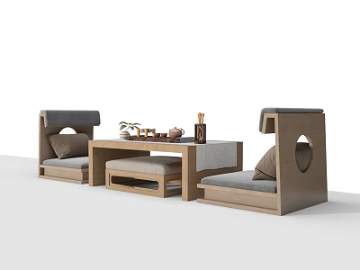 Modern Tea Table and Gray Cushioned Chairs Set with Wooden Frame and Simple Design 3d model