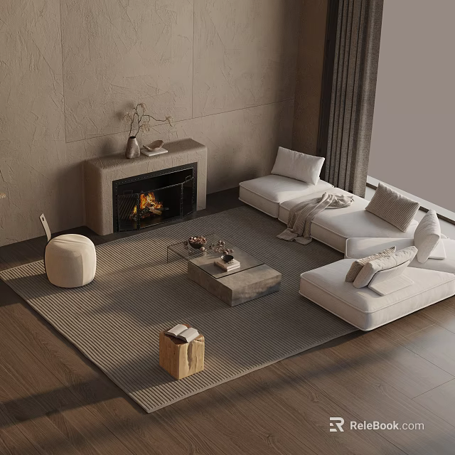 Modern Sofa And Coffee Table Set In Living Room With Fireplace And White Upholstery 3d model 