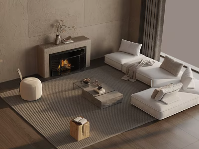 Modern Sofa And Coffee Table Set In Living Room With Fireplace And White Upholstery 3d model
