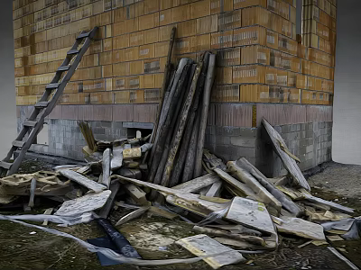 Construction Components With Brick Wall Ladder And Wooden Planks Debris 3d model