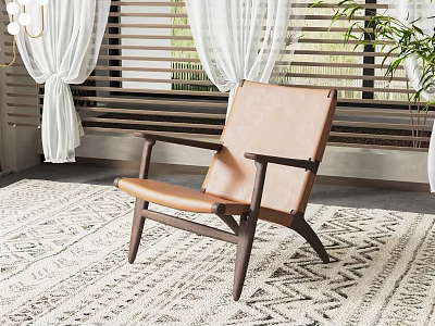 Leather Leisure Chair With Wooden Frame And Armrests In Living Room By Window With Curtains 3d model