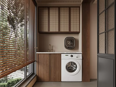 Laundry Room Interior With Wooden Cabinets Bamboo Blinds Sink And White Washing Machine 3d model