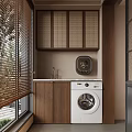 Laundry Room Interior With Wooden Cabinets Bamboo Blinds Sink And White Washing Machine