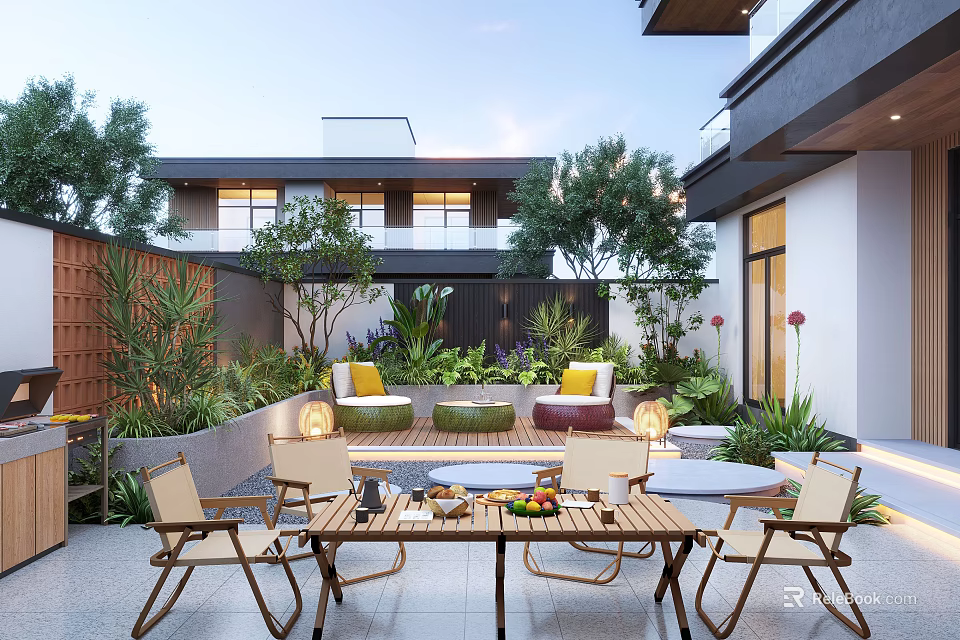 Modern Courtyard Garden With Wooden Dining Table Chairs Green Plants Outdoor Sofas And Colorful Cushions 3d model 