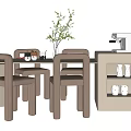 Light Colored Dining Table Set with Matching Chairs Side Cabinet Coffee Machine and Greenery Vase 3d model