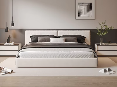 Modern Double Bed Interior With White Headboard Black Gray Pillows Nightstands And Table Lamps 3d model