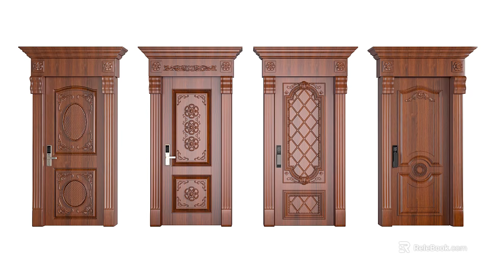 Wooden Hinged Doors Featuring Intricate Carved Patterns And Various Designs 3d model
