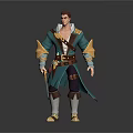 Male Fantasy Adventurer Character In Green Gold Cloak Outfit Holding Sword With Detailed Gear