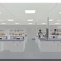 Modern Laboratory Interior With Lab Benches Bottles On Shelves And Researchers In White Coats