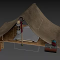 Open Canvas Camping Tent With Metal Bucket Wooden Crate And Small Items