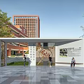 Modern Pergola Structure With Decorative Panels People And Green Trees Around Campus Buildings
