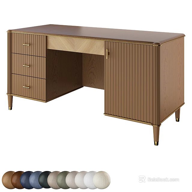 Elegant Modern Wooden Desk With Drawers Vertical Slat Panels And Gold Metal Legs 3d model 