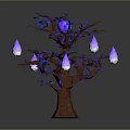 Decorative Tree with Brown Trunk Blue Leaves and Pink Pear Shaped Fruits