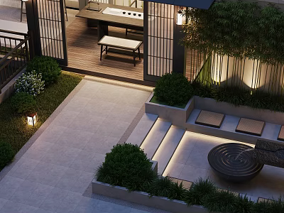 Garden Landscape Design with Courtyard Stone Pathway Green Plants Seating and Lanterns 3d model