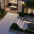 Garden Landscape Design with Courtyard Stone Pathway Green Plants Seating and Lanterns