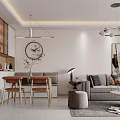 Modern Living Dining Room Interior With Grey Sofa Dining Table Wall Clock And Pendant Lights 3d model