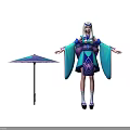 Fantasy Female Character In Blue Purple Kimono With Decorative Umbrella And Mythical Elements