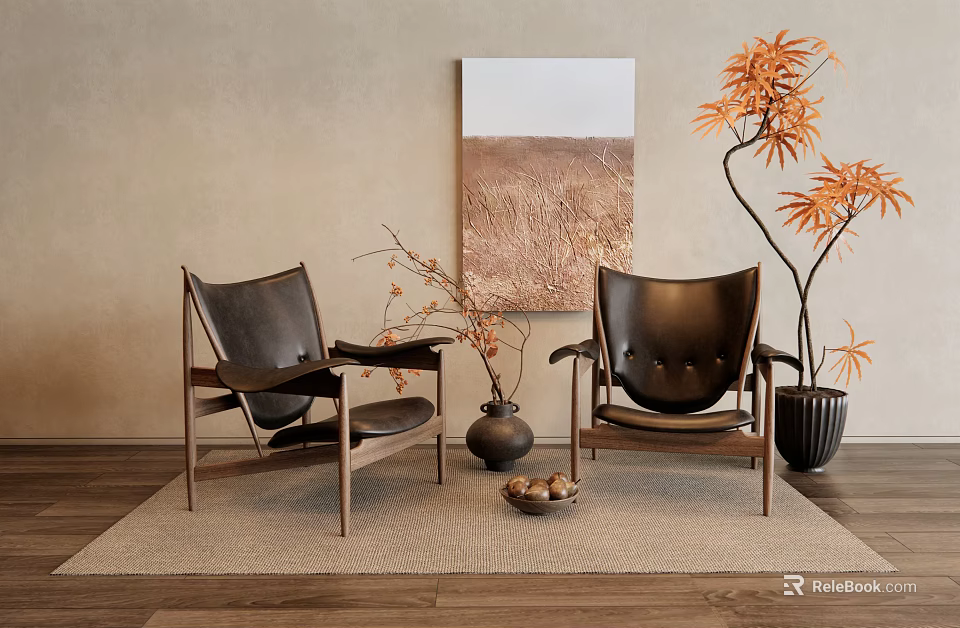 Modern Leisure Chairs With Wooden Frame In Indoor Space With Decorative Painting And Orange Plant 3d model 