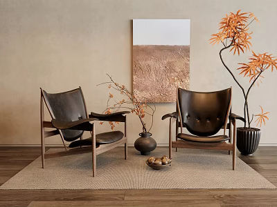 Modern Leisure Chairs With Wooden Frame In Indoor Space With Decorative Painting And Orange Plant 3d model