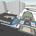 Modern Sales Office Building Exterior With Water Features Plaza And Surrounding High-Rise Buildings