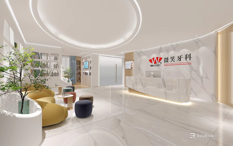 Modern Dental Clinic Reception Area With Marble Desk Comfortable Sofa And Green Plants 3d model 