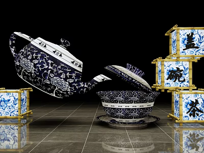Traditional Chinese Blue and White Porcelain Teapot Bowl with Floral Patterns and Golden Lanterns 3d model