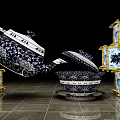 Traditional Chinese Blue and White Porcelain Teapot Bowl with Floral Patterns and Golden Lanterns