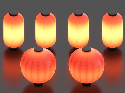 Traditional Red Glowing Lanterns With Round And Cylindrical Decorative Shapes Design 3d model