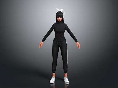 3D Character Model Wearing Black Outfit With White Bunny Ears And White Shoes 3d model