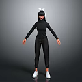 3D Character Model Wearing Black Outfit With White Bunny Ears And White Shoes