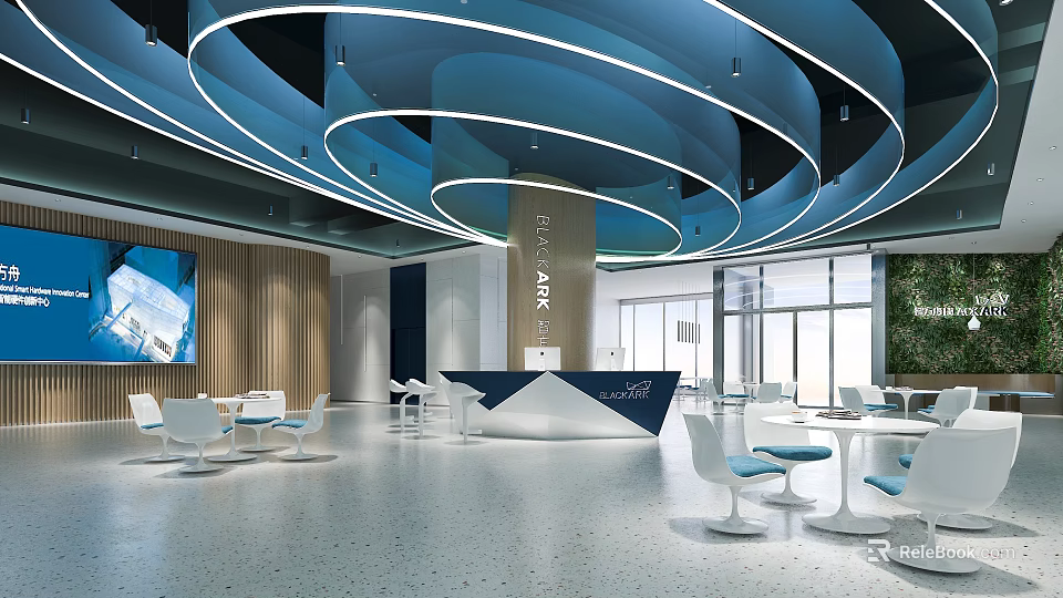 Modern Front Desk Reception Interior With Blue Ceiling White Tables And Chairs In Open Space 3d model 