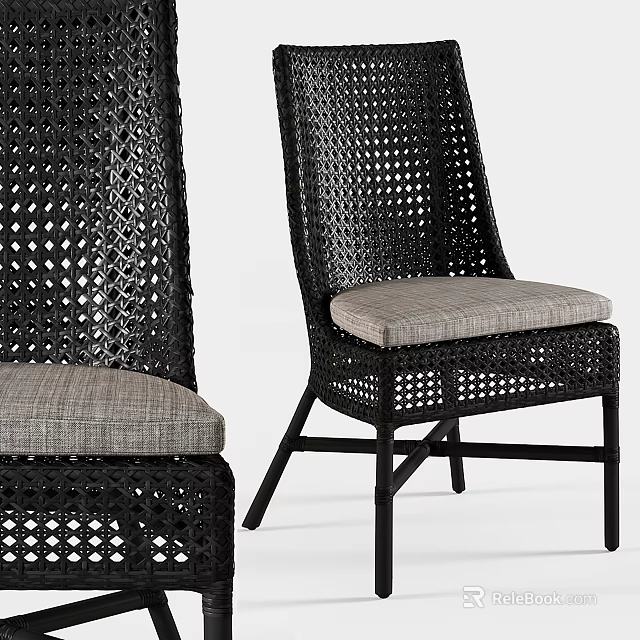 Black Rattan Dining Chairs with Perforated Backrest and Gray Padded Seat 3d model 