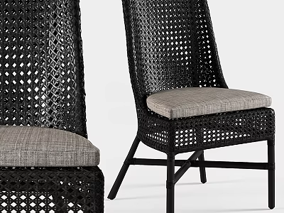 Black Rattan Dining Chairs with Perforated Backrest and Gray Padded Seat 3d model