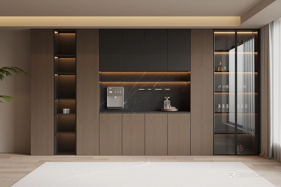 Modern Wine Cabinet Design Featuring Glass Doors LED Lighting And Display Shelves 3d model 