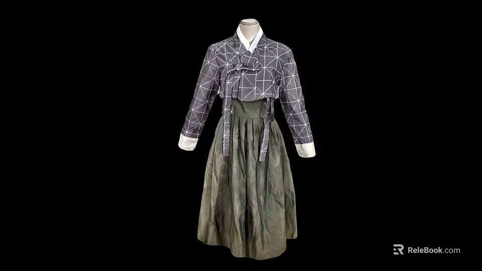 Traditional Korean Hanbok Featuring Purple Geometric Pattern Jeogori And Green Chima With White Trim 3d model 
