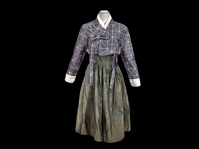 Traditional Korean Hanbok Featuring Purple Geometric Pattern Jeogori And Green Chima With White Trim 3d model