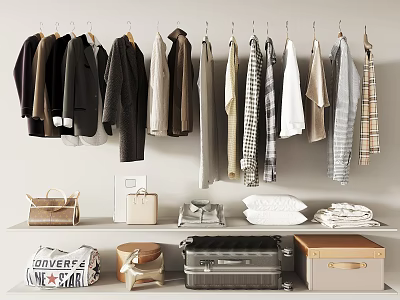 Hanging Clothes in Organized Wardrobe Display with Bags Suitcases Folded Clothes and Storage Boxes 3d model