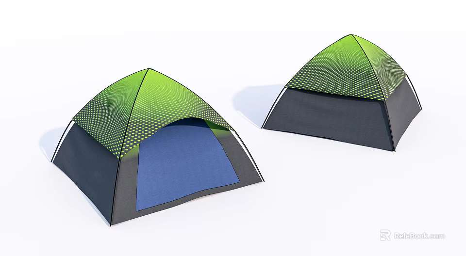 Two Green Mesh Pattern Tents With Black Base And Blue Interior 3d model 