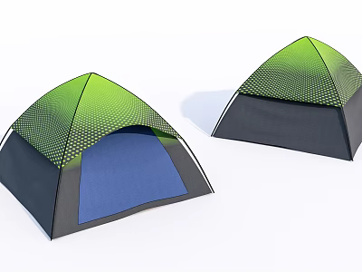 Two Green Mesh Pattern Tents With Black Base And Blue Interior 3d model