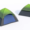 Two Green Mesh Pattern Tents With Black Base And Blue Interior 3d model